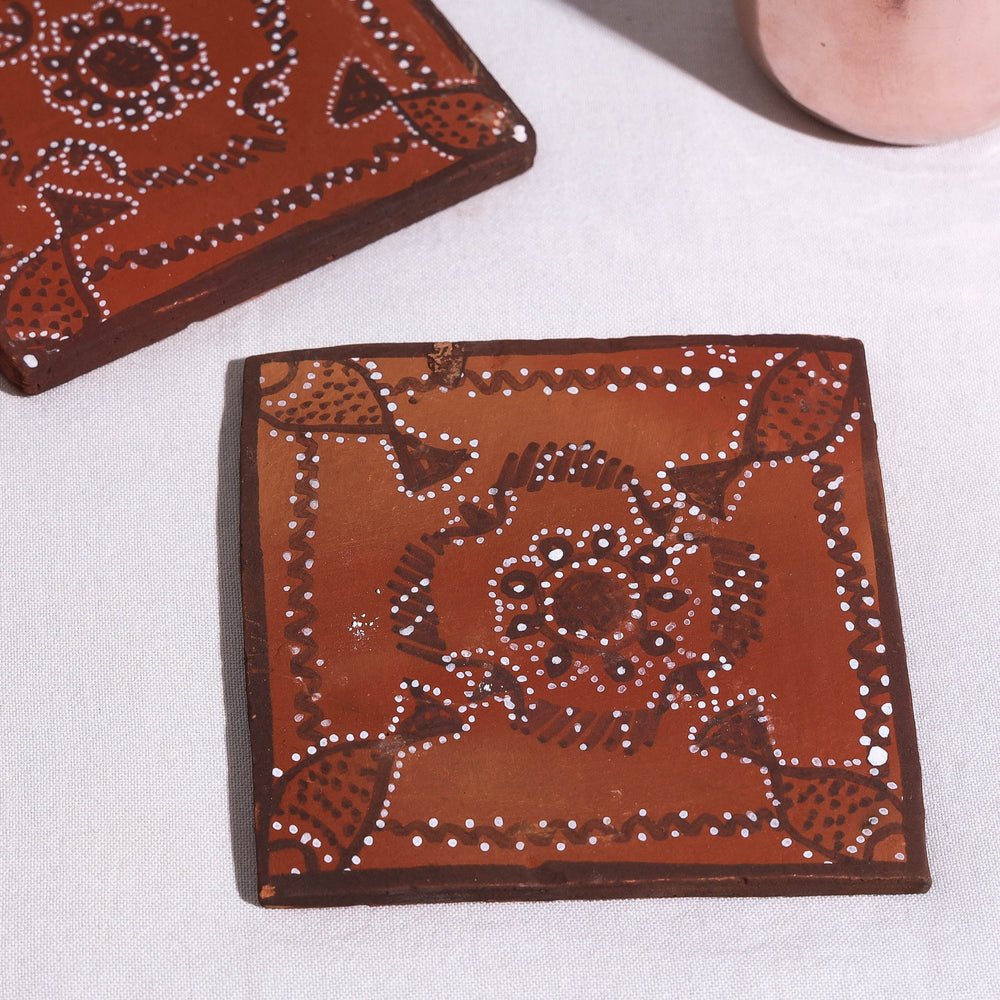 Khavda Pottery Terracotta Hand-painted Square Coasters (Set of 2)