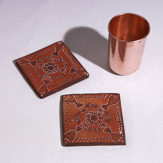Khavda Pottery Terracotta Hand-painted Square Coasters (Set of 2)
