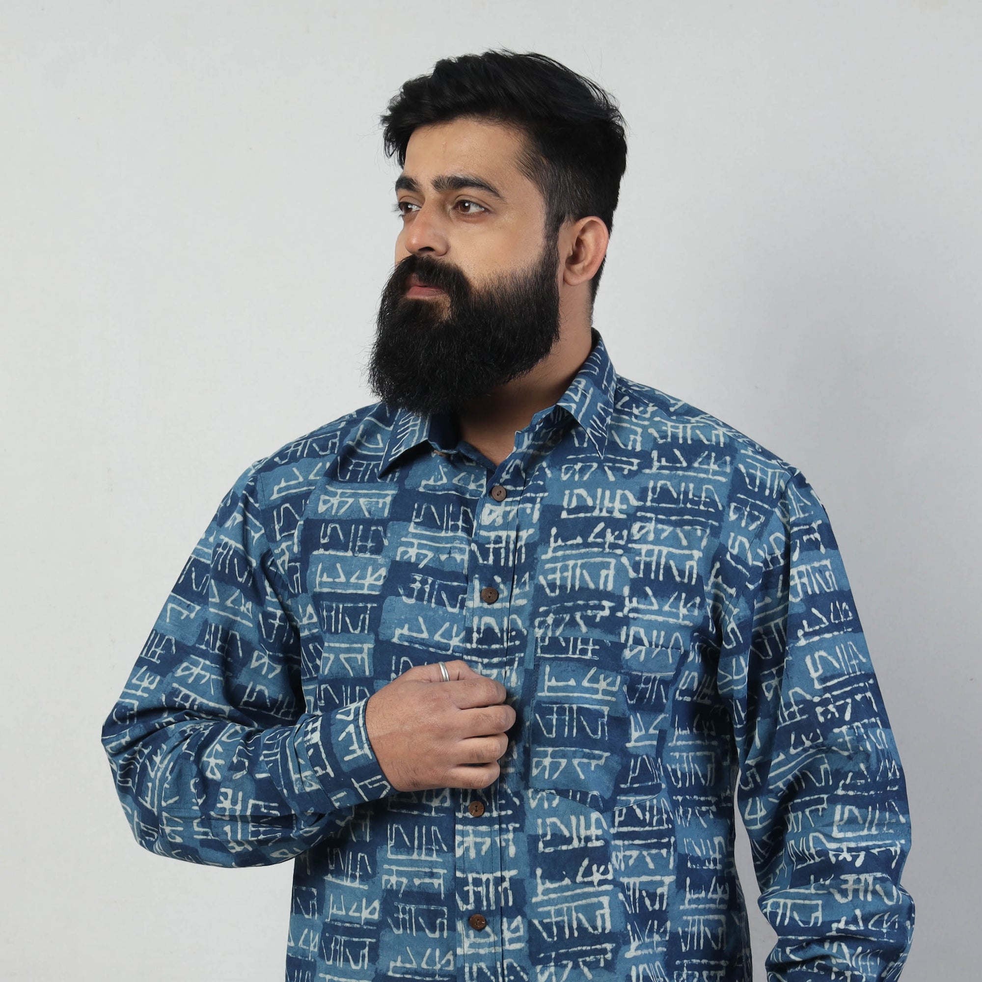 Blue - Bindaas Block Art Printed Cotton Men Full Sleeve Shirt