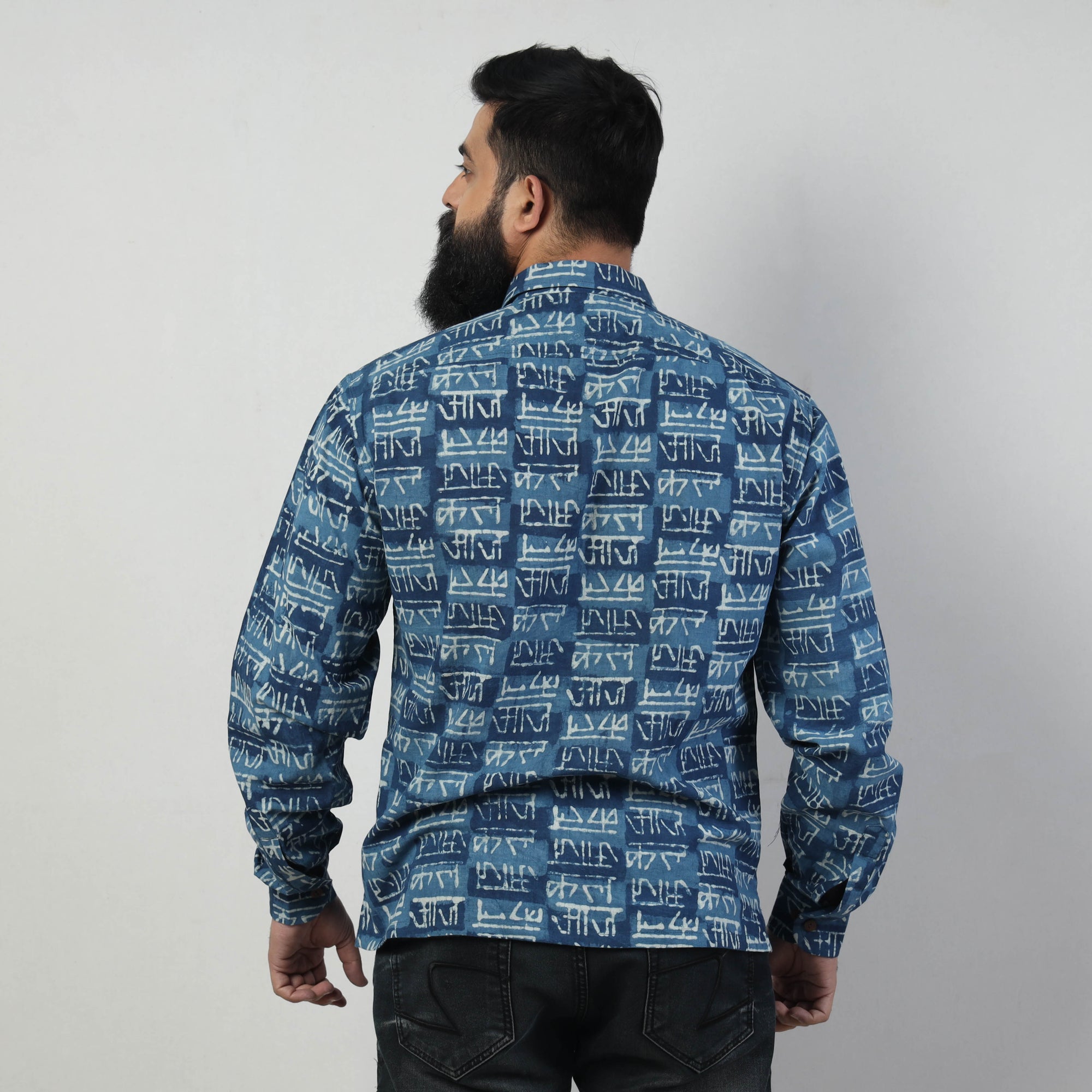 Blue - Bindaas Block Art Printed Cotton Men Full Sleeve Shirt