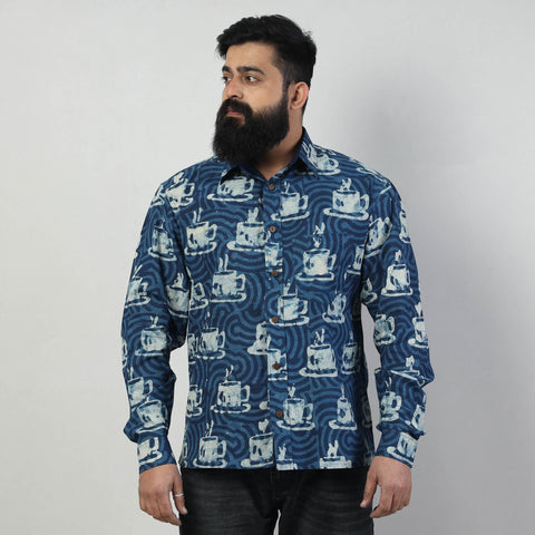 Blue - Bindaas Block Art Printed Cotton Men Full Sleeve Shirt