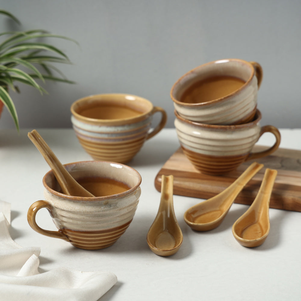 Hand Glazed Ceramic Cups with Spoon (Set of 4, 350 ml)