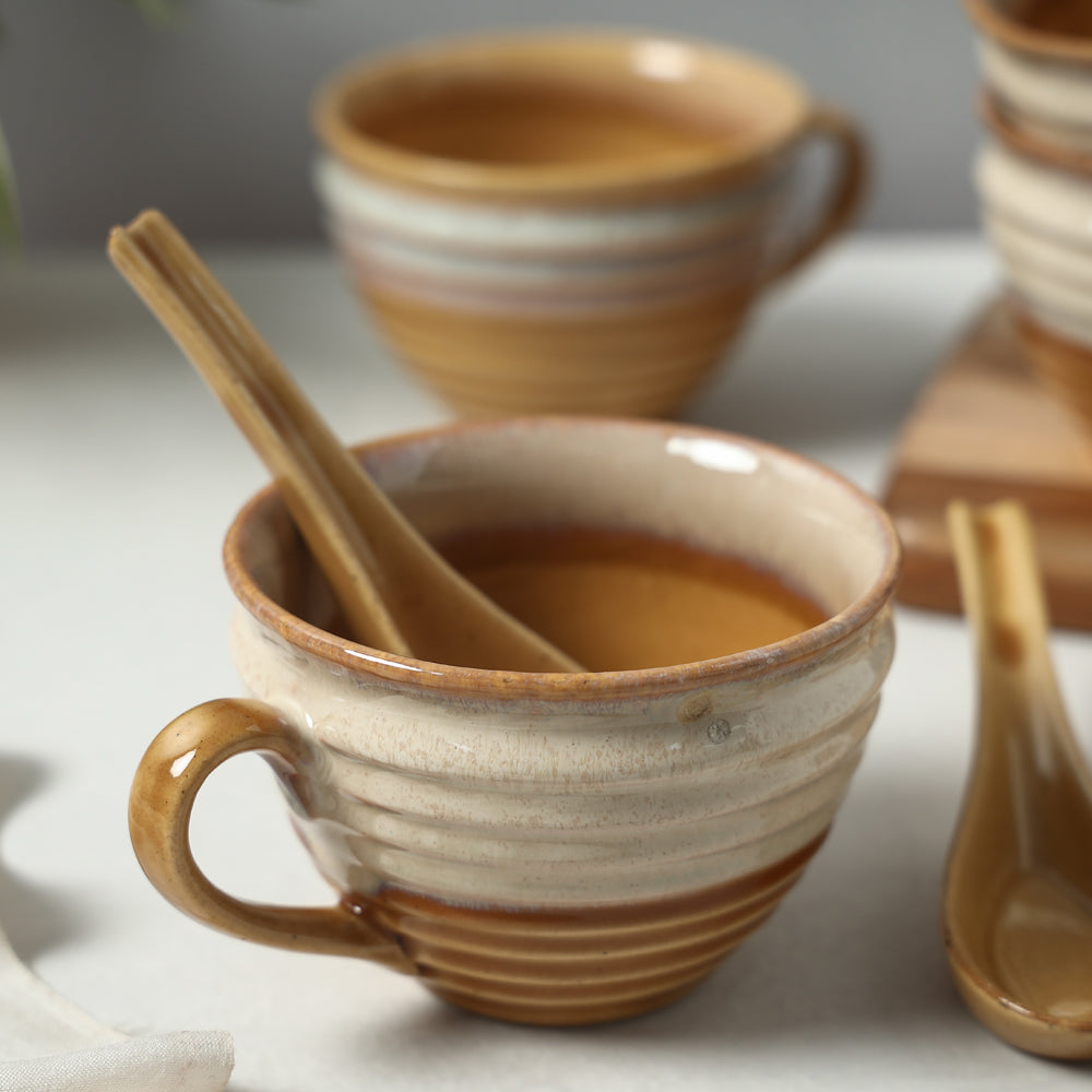 Hand Glazed Ceramic Cups with Spoon (Set of 4, 350 ml)