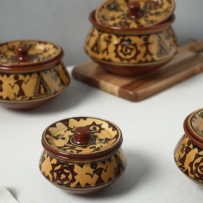 Handpainted Warli Art Ceramic Handi Set with Lid (Set of 4)