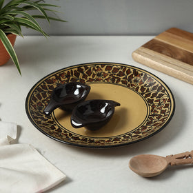 Handpainted Ceramic Chip-n-Dip Brown Platter with 2 Fixed Dip Bowls