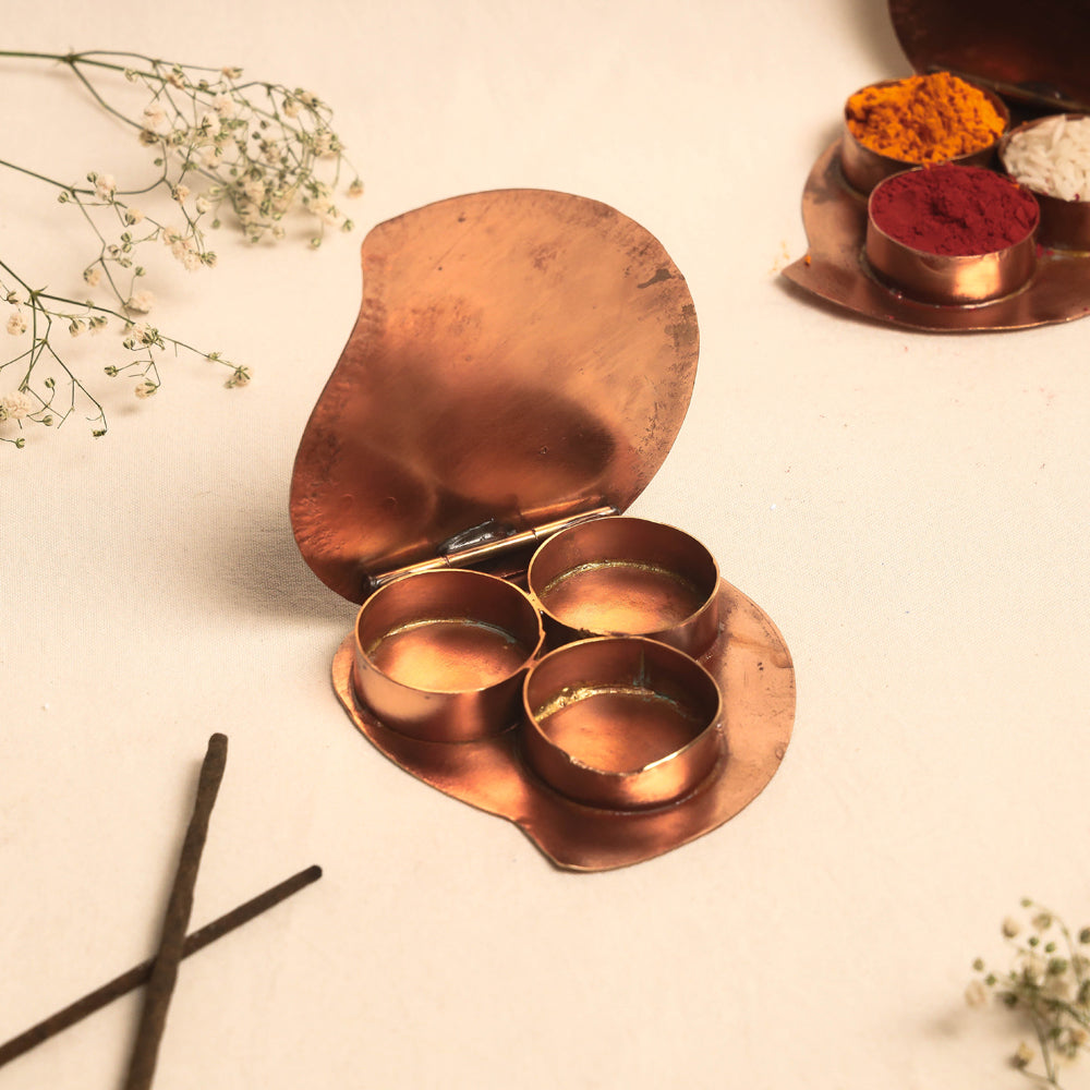 Copper Hand-Hammered Enamel Work Roli Chawal Box