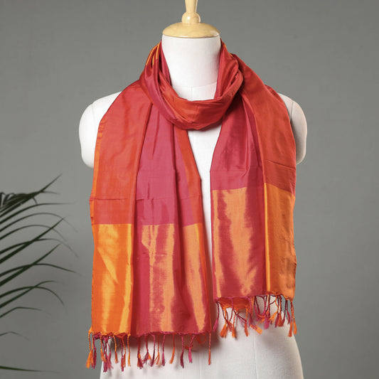 Orange - Traditional Maheshwari Silk Handloom Stole with Tassels