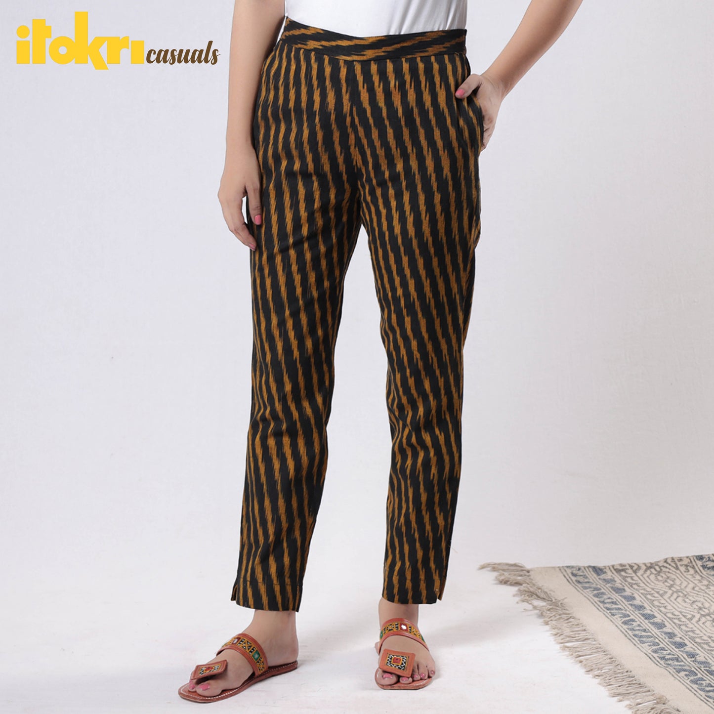 Brown - Pochampally Ikat Cotton Tapered Casual Pant for Women