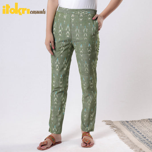 Green - iTokri Casuals - Pochampally Ikat Cotton Tapered Casual Pant for Women