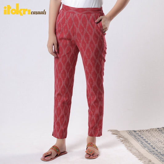 Red - Pochampally Ikat Cotton Tapered Casual Pant for Women