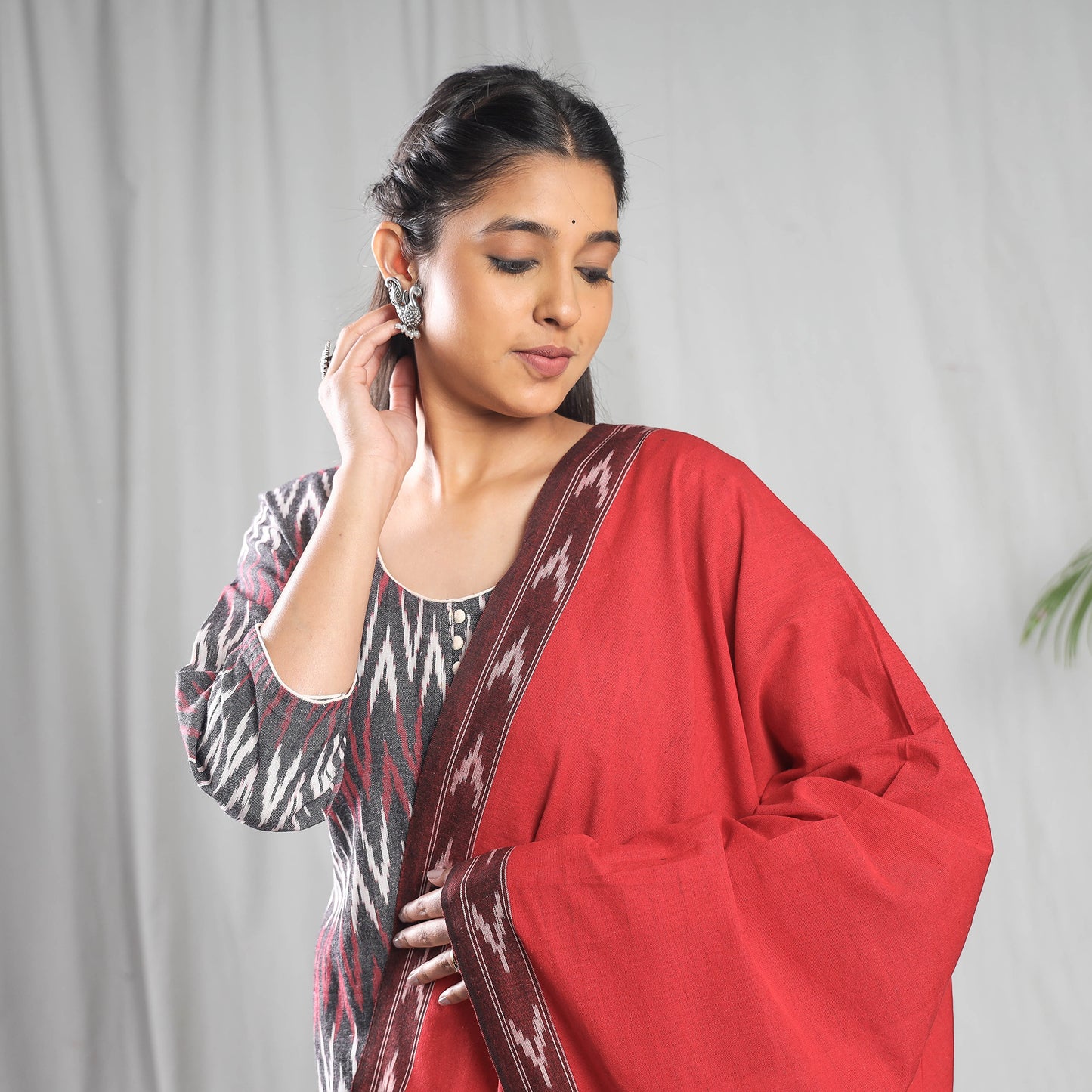 Grey - Pochampally Ikat Cotton Kurta with Palazzo & Dupatta Set