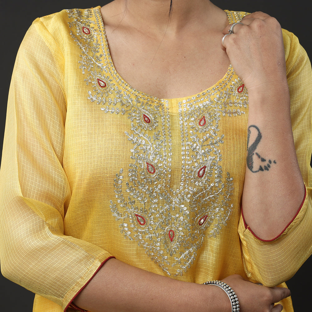 Kota Doria Pure Silk Kurta with Palazzo & Dupatta Set