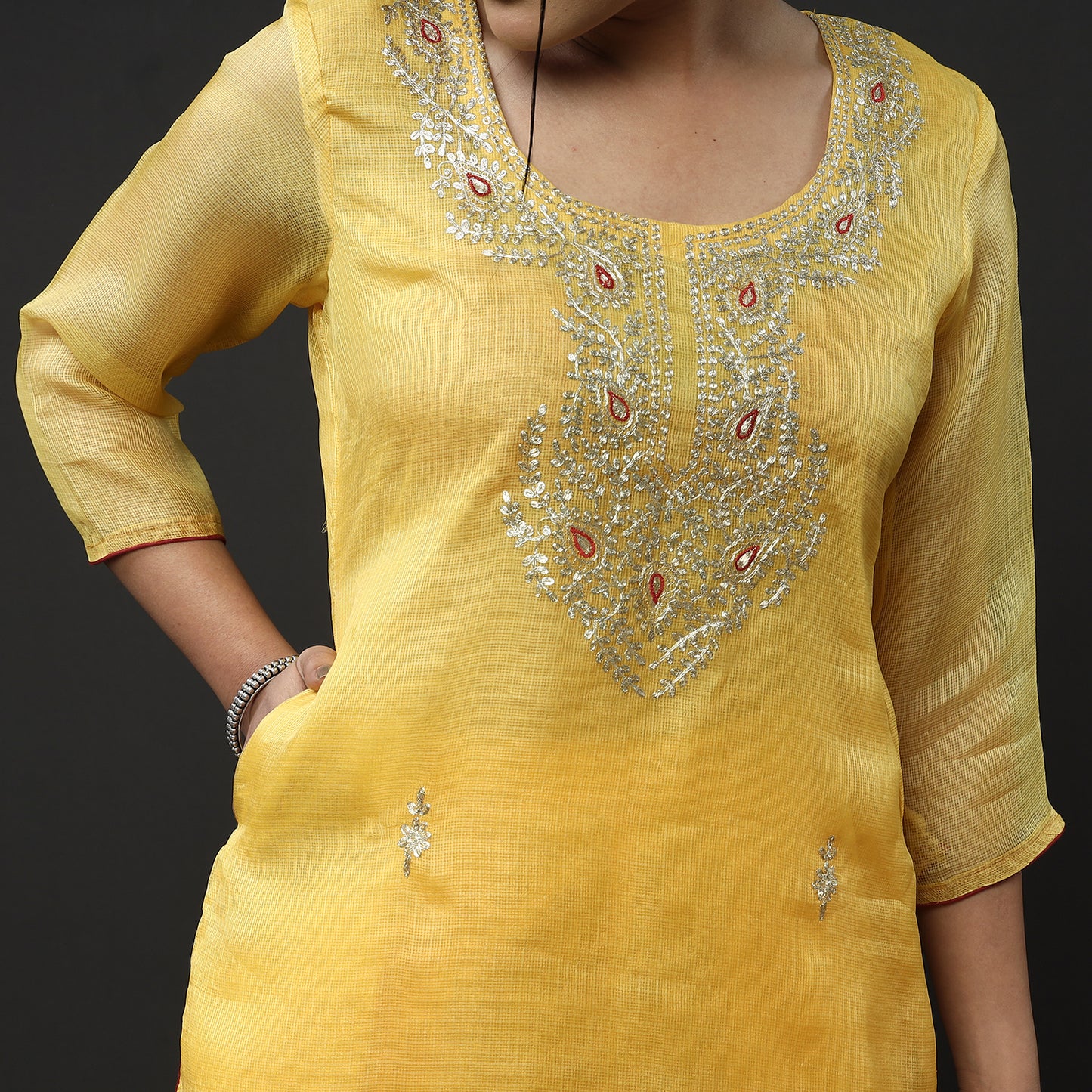 Kota Doria Pure Silk Kurta with Palazzo & Dupatta Set