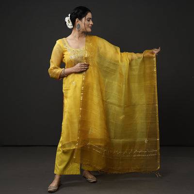 Mustard Yellow Kota Doria Pure Silk Kurta with Palazzo & Dupatta Set