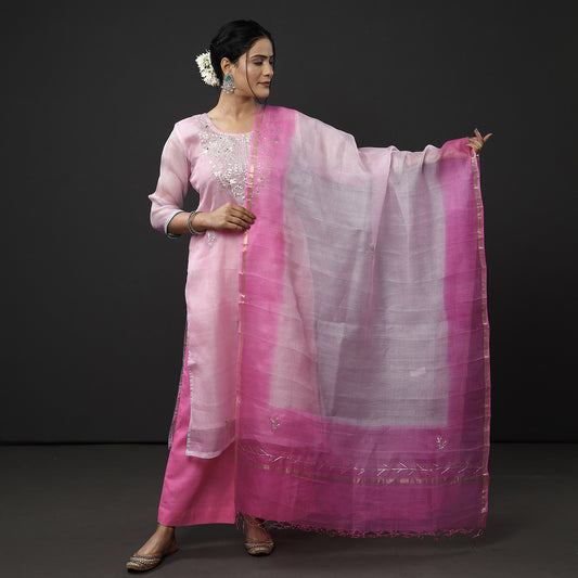 Millennial Pink Kota Doria Pure Silk Kurta with Palazzo & Dupatta Set