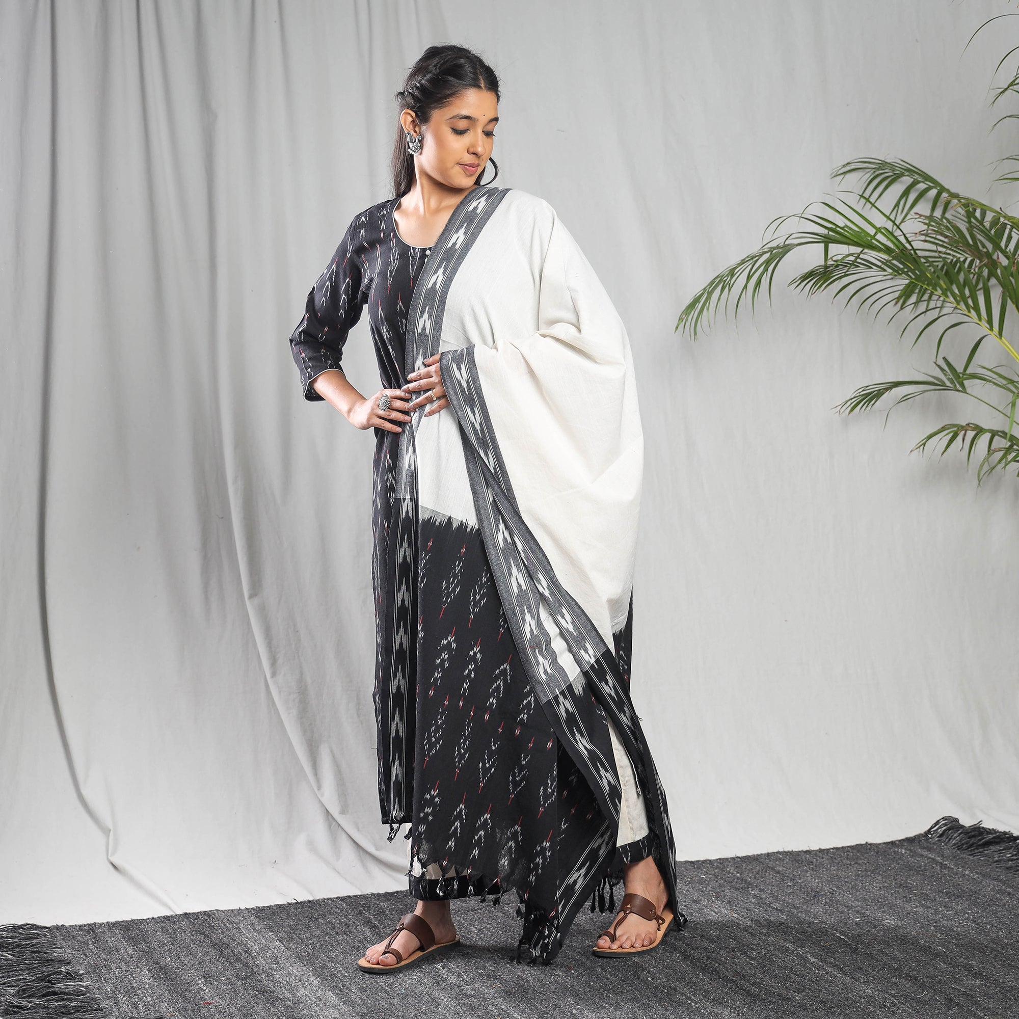  Pochampally Ikat Weave Cotton Kurta with Palazzo & Dupatta Set 