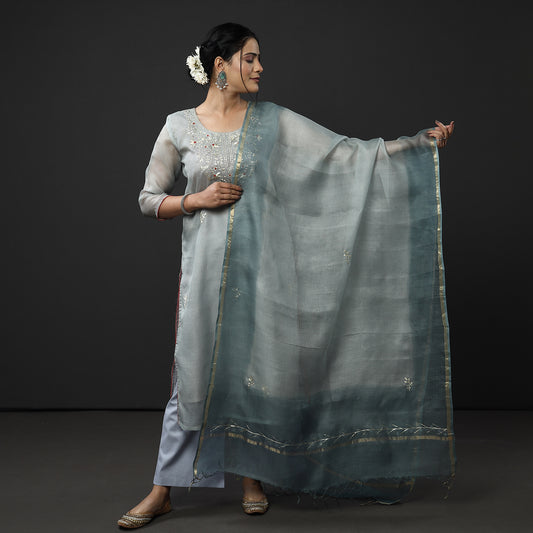 Grey - Kota Doria Pure Silk Kurta with Palazzo & Dupatta Set