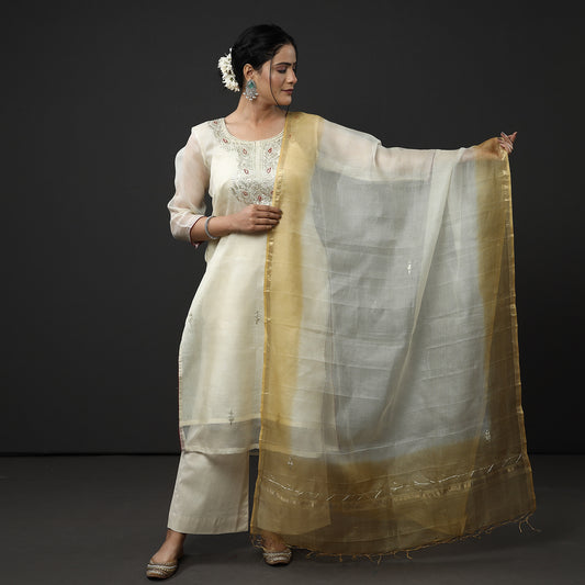 Beige - Cream Kota Doria Pure Silk Kurta with Palazzo & Dupatta Set