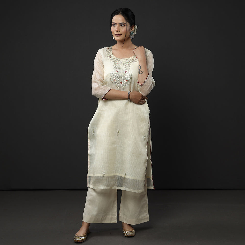 Beige - Cream Kota Doria Pure Silk Kurta with Palazzo & Dupatta Set