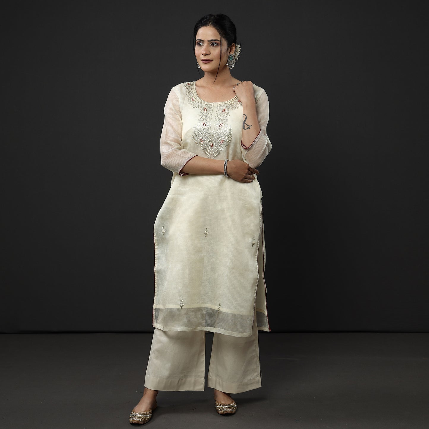 Beige - Cream Kota Doria Pure Silk Kurta with Palazzo & Dupatta Set