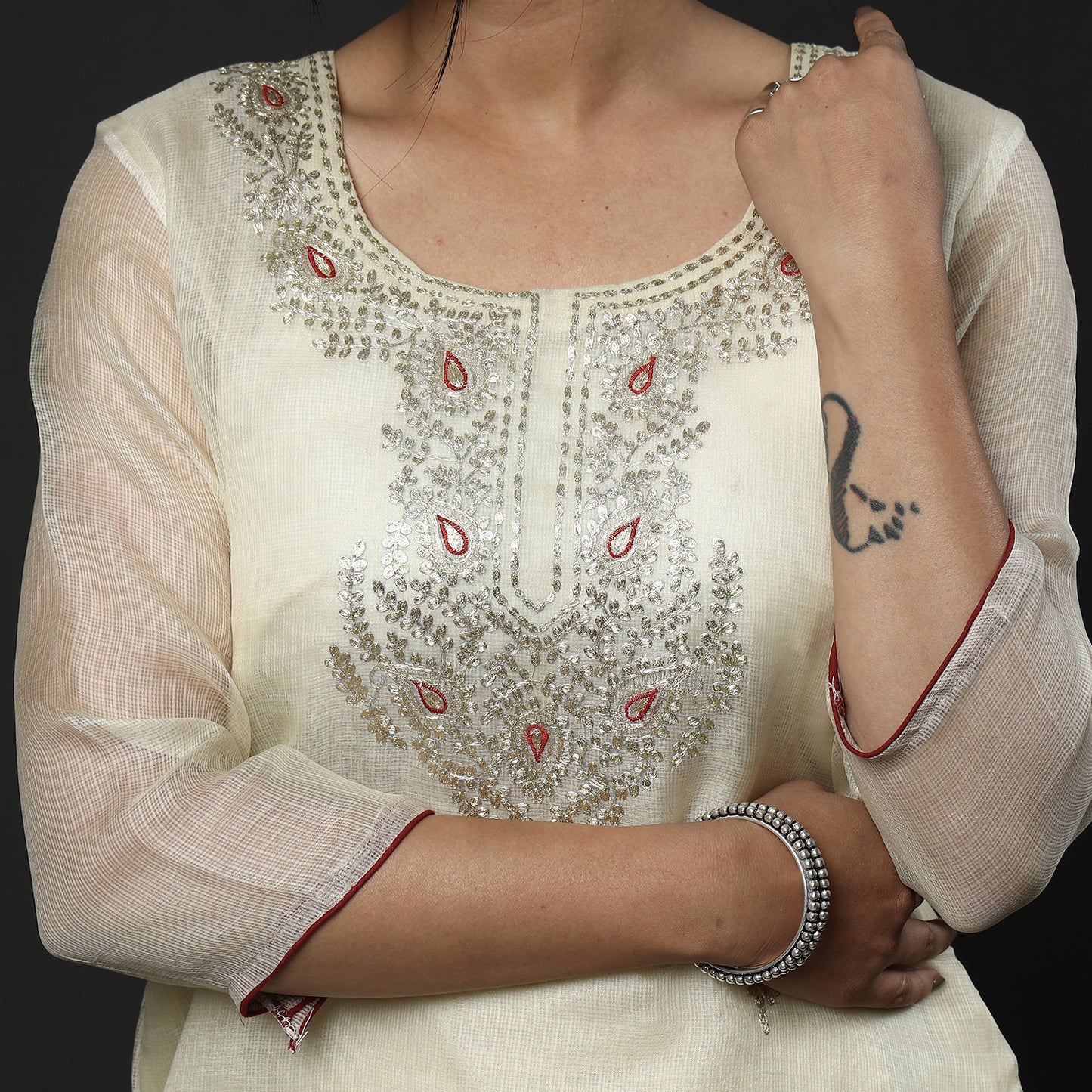 Beige - Cream Kota Doria Pure Silk Kurta with Palazzo & Dupatta Set