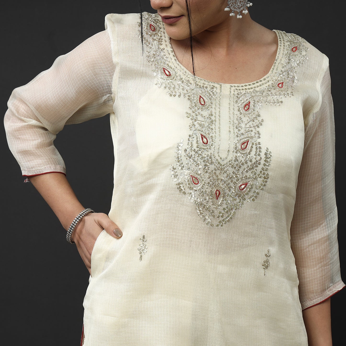 Beige - Cream Kota Doria Pure Silk Kurta with Palazzo & Dupatta Set