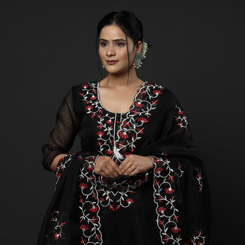 Kota Doria Embroidery Kurta with Palazzo & Dupatta Set
