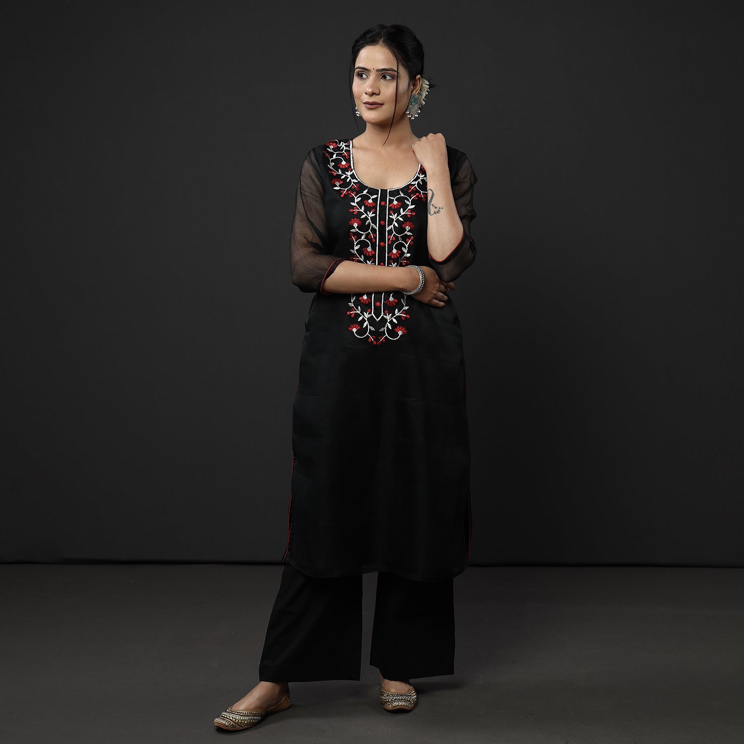 Buy Kota Doria Embroidery Silk Kurta with Palazzo & Dupatta Set Online at iTokri.com