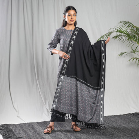 Grey - Pochampally Ikat Weave Cotton Kurta with Palazzo & Dupatta Set