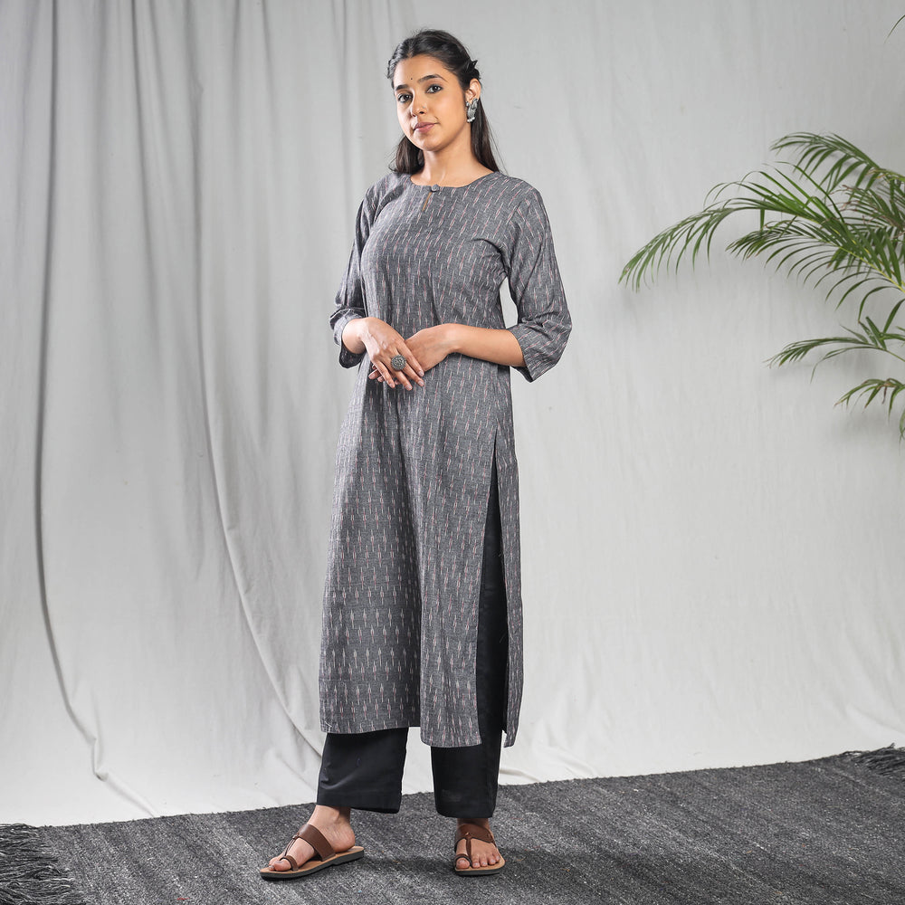 Grey - Pochampally Ikat Weave Cotton Kurta with Palazzo & Dupatta Set