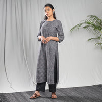 Grey - Pochampally Ikat Weave Cotton Kurta with Palazzo & Dupatta Set