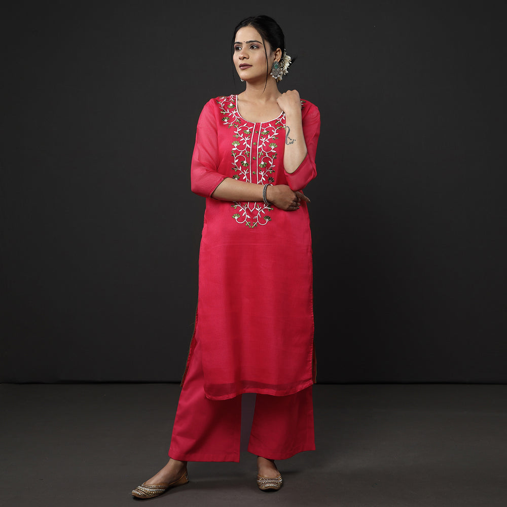 Kota Doria Embroidery Kurta with Palazzo & Dupatta Set