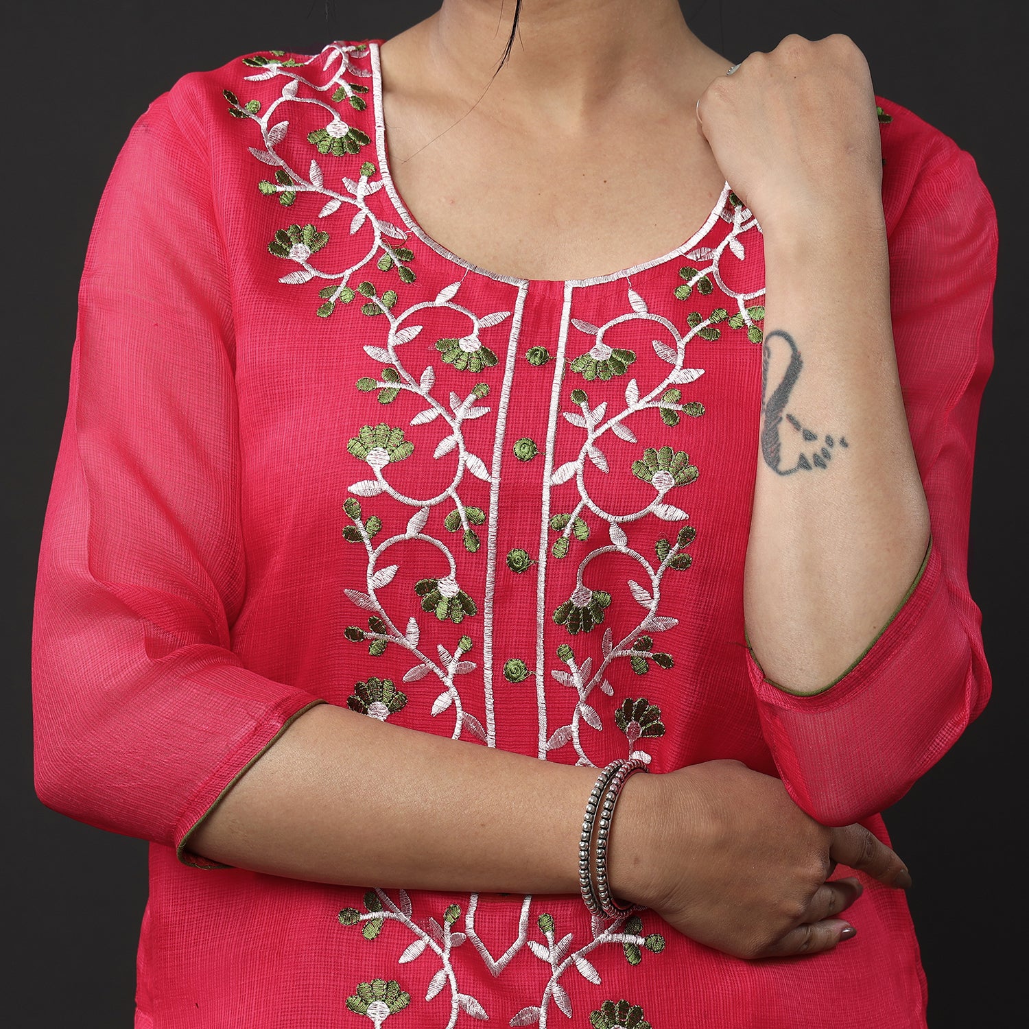  Kota Doria Embroidery Silk Kurta with Palazzo & Dupatta Set 
