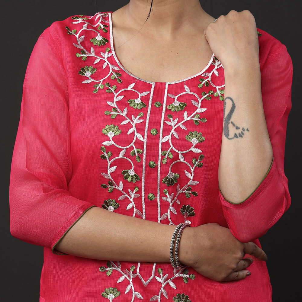 Kota Doria Embroidery Kurta with Palazzo & Dupatta Set