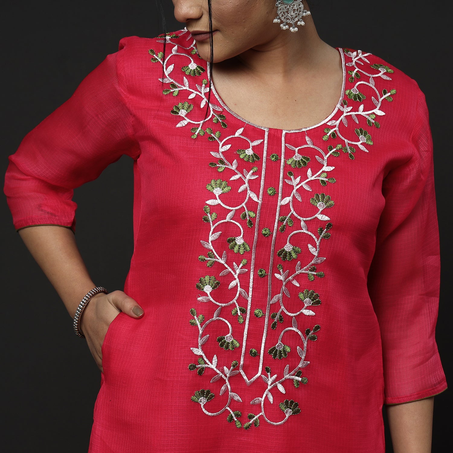  Kota Doria Embroidery Silk Kurta with Palazzo & Dupatta Set 