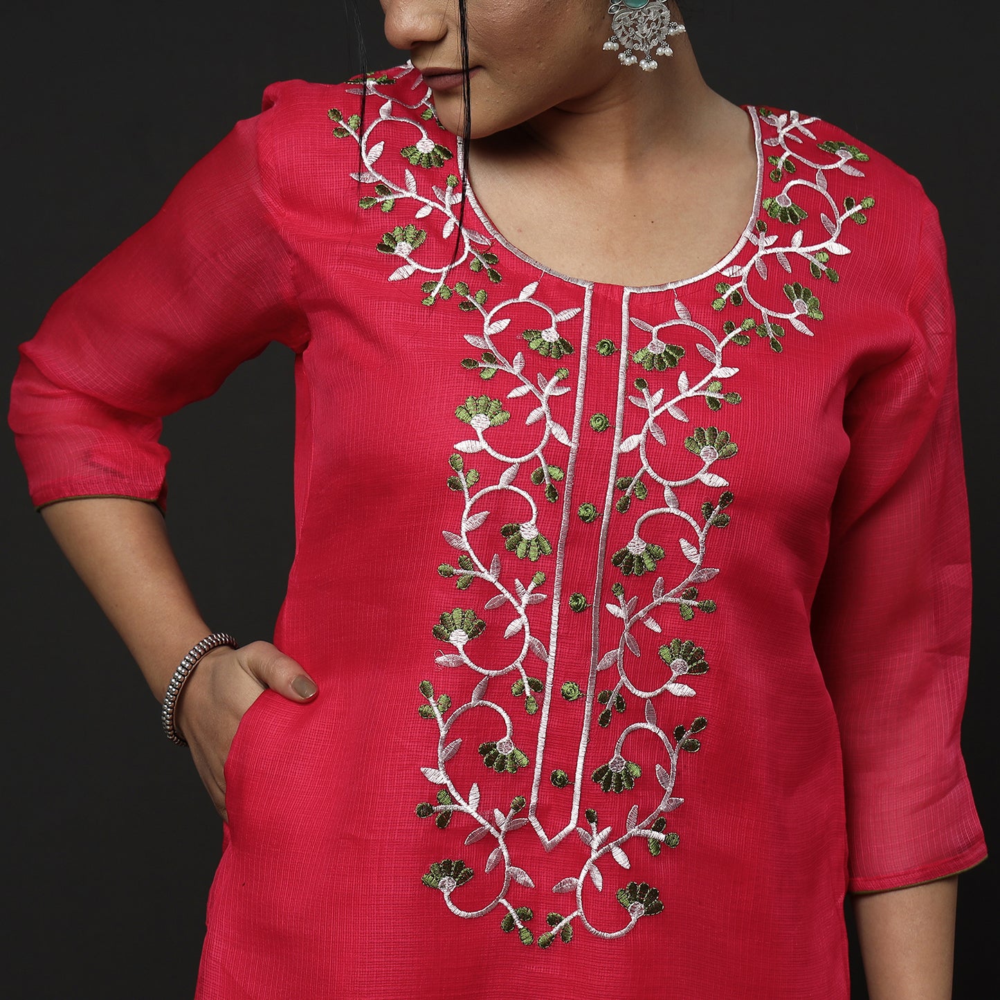 Kota Doria Embroidery Kurta with Palazzo & Dupatta Set