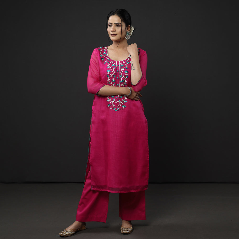 Kota Doria Embroidery Kurta with Palazzo & Dupatta Set