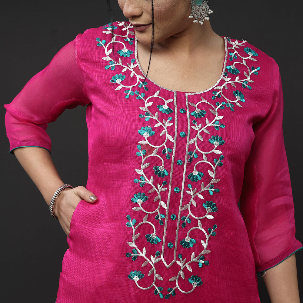 Kota Doria Embroidery Kurta with Palazzo & Dupatta Set