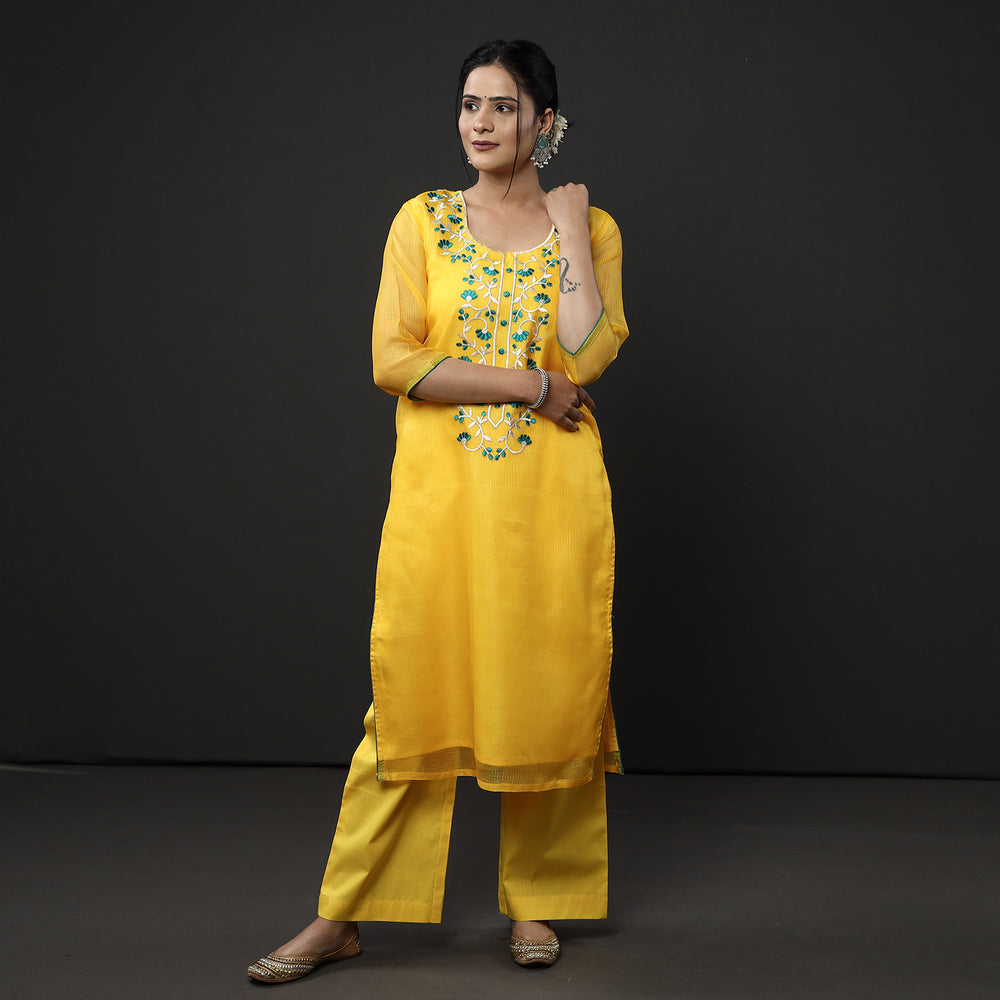 Kota Doria Embroidery Kurta with Palazzo & Dupatta Set
