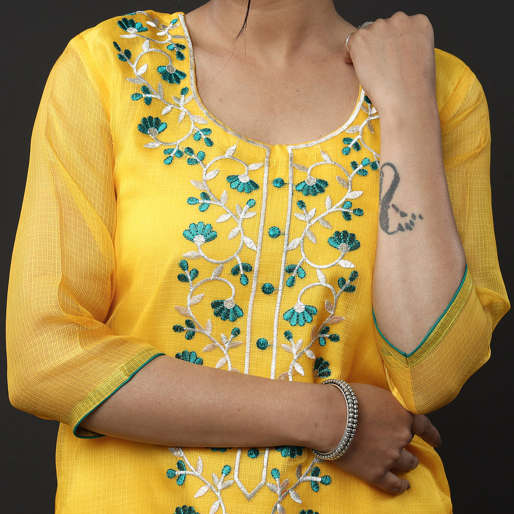 Kota Doria Embroidery Kurta with Palazzo & Dupatta Set
