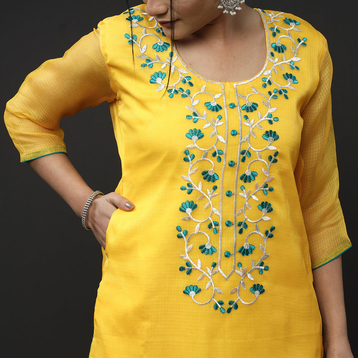 Kota Doria Embroidery Kurta with Palazzo & Dupatta Set
