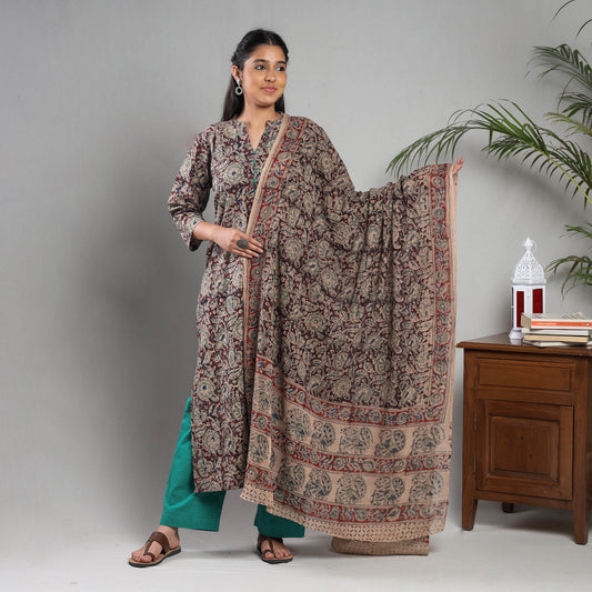 Maroon - Kalamkari Block Printing Cotton Kurta with Palazzo & Dupatta Set