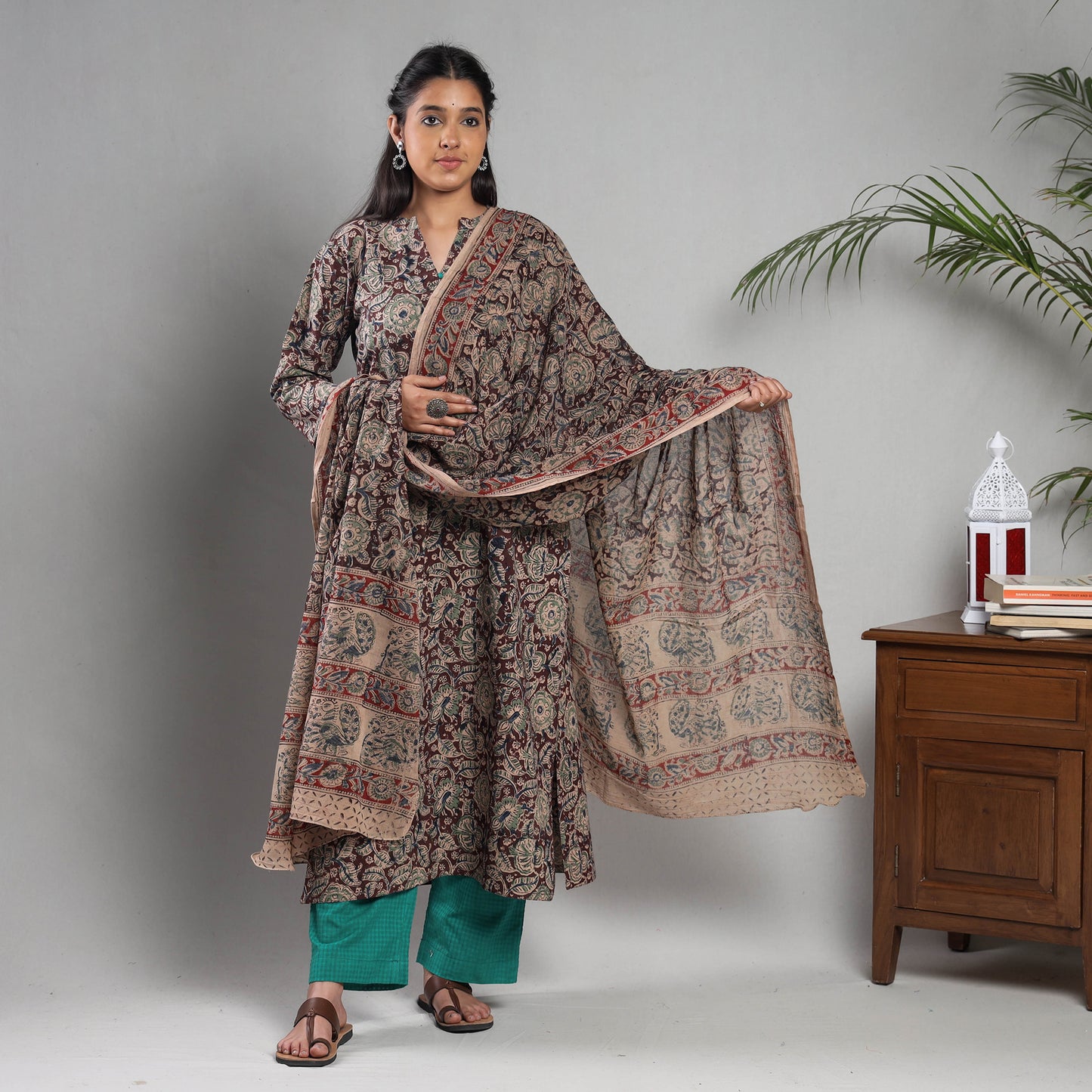 Maroon - Kalamkari Block Printing Cotton Kurta with Palazzo & Dupatta Set