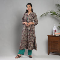 Maroon - Kalamkari Block Printing Cotton Kurta with Palazzo & Dupatta Set