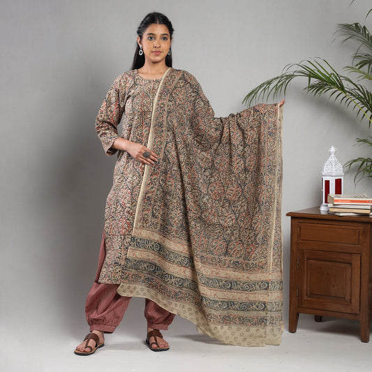 Peach - Kalamkari Block Printing Cotton Kurta with Salwar & Dupatta Set