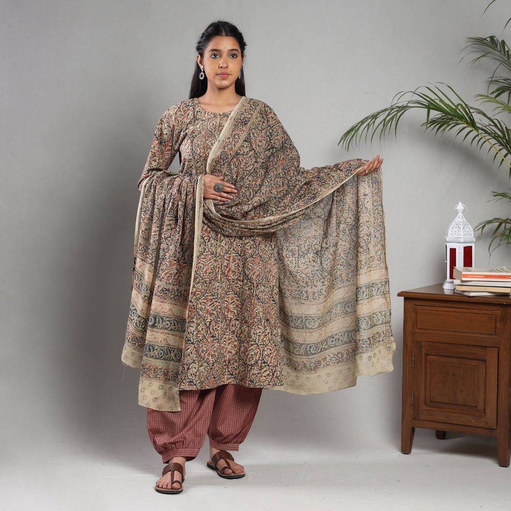 Multicolor - Kalamkari Block Printing Cotton Kurta with Salwar & Dupatta Set