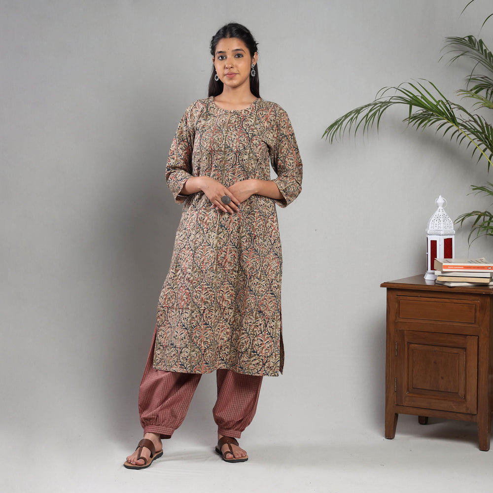 Multicolor - Kalamkari Block Printing Cotton Kurta with Salwar & Dupatta Set