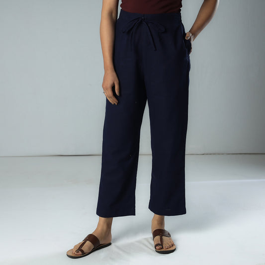 Navy Blue Texture Plain Dyed Cotton Relaxed Fit Pant