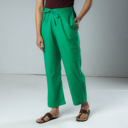 Green - Texture Plain Dyed Cotton Relaxed Fit Pant