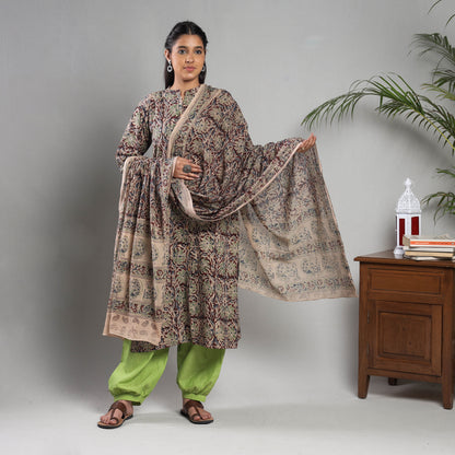 Maroon - Kalamkari Block Printing Cotton Kurta with Salwar & Dupatta Set